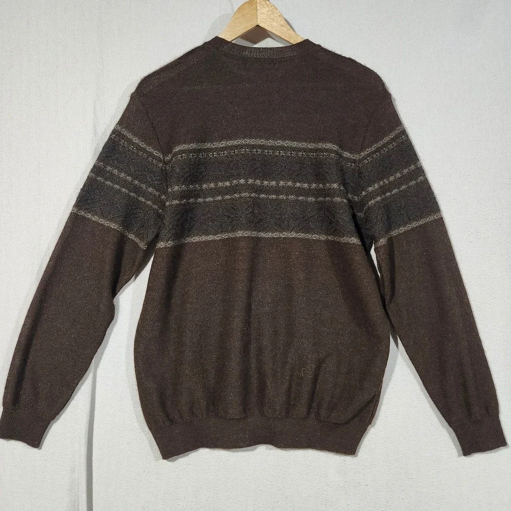 MFH Knits Mens Brown Baby Alpaca Silk Geometric Crewneck Sweater Peru Medium